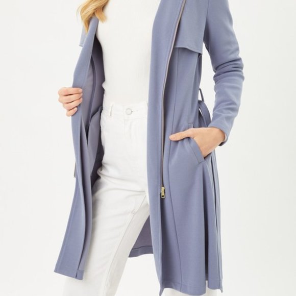 Zip Up Long Line Trench Coat Jacket, with Waist Belt, Blue - Picture 2 of 12